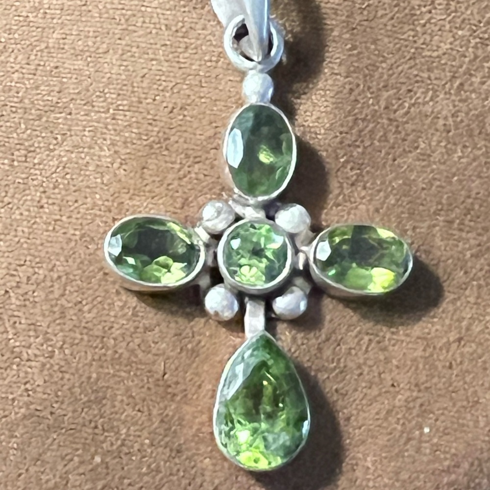 Green Gemstone Cross Pendant Necklace - Sterling Silver